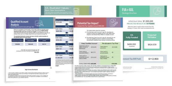 Stonewood's suite of client-metting reports, including samples of our Income Reports, Total Tax Burden Report, FIA+IUL Optimzer and Wealth + Legacy Report.